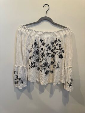 Anthropologie White Off-Shoulder Top with Black Floral Embroidery